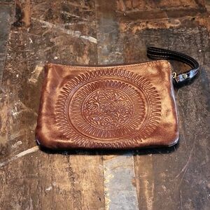 Embossed Brown Leather Wristlet Clutch